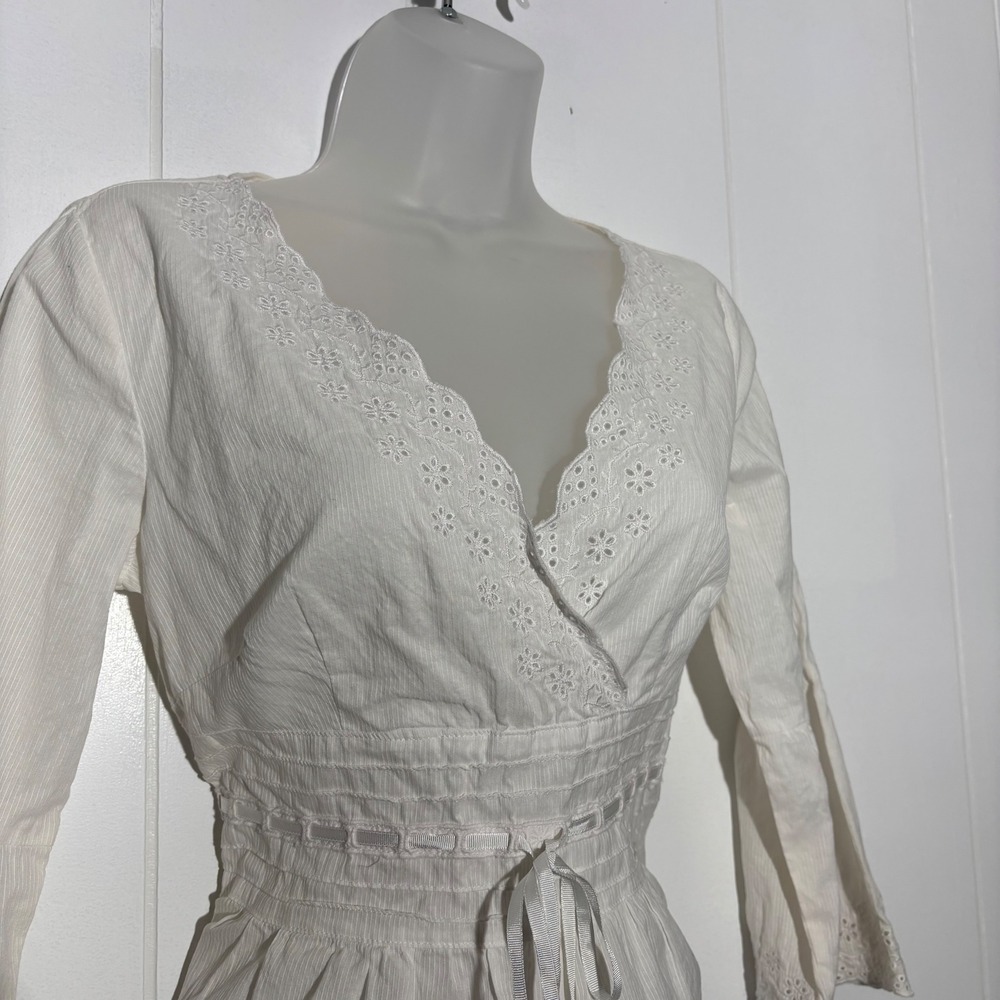 Y2K Babydoll White Cotton Eyelet Lace Bell Sleeve Wrap Blouse Sz Small Fairy